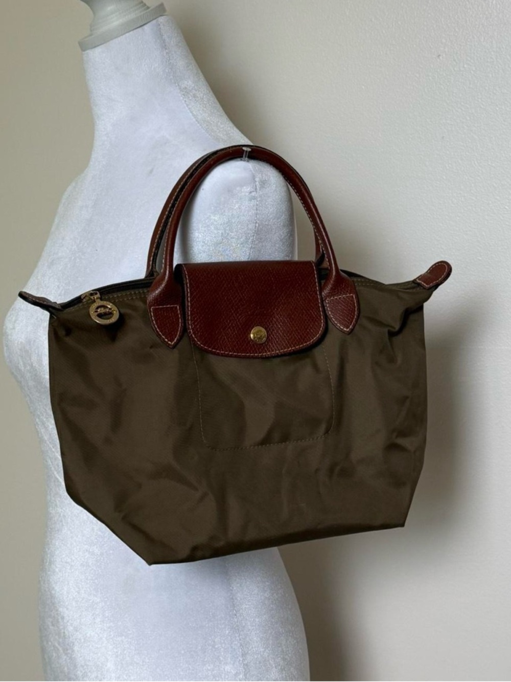 Longchamp Small Tote in Olive with Brown Leather Trim